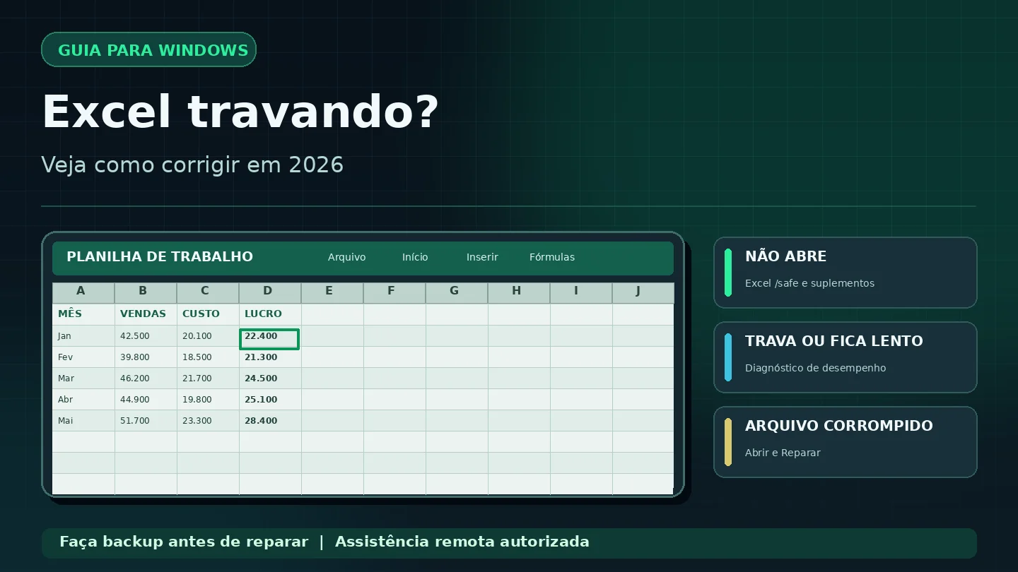 Ilustração de planilha eletrônica com diagnóstico de erros do Excel, suplemento e arquivo corrompido