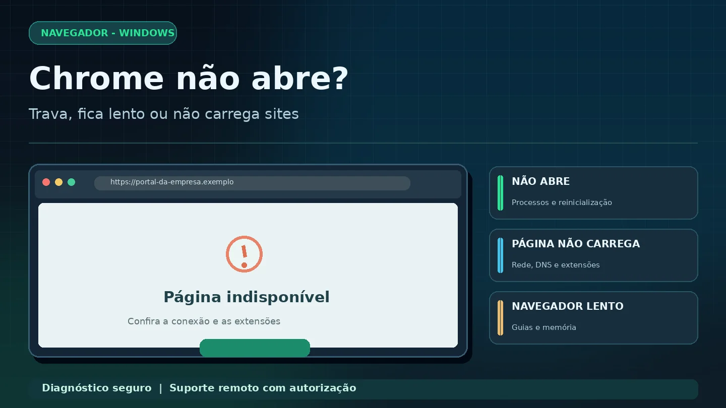 Ilustração original de navegador com erro de página indisponível, travamento e conexão, para guia de suporte do Google Chrome