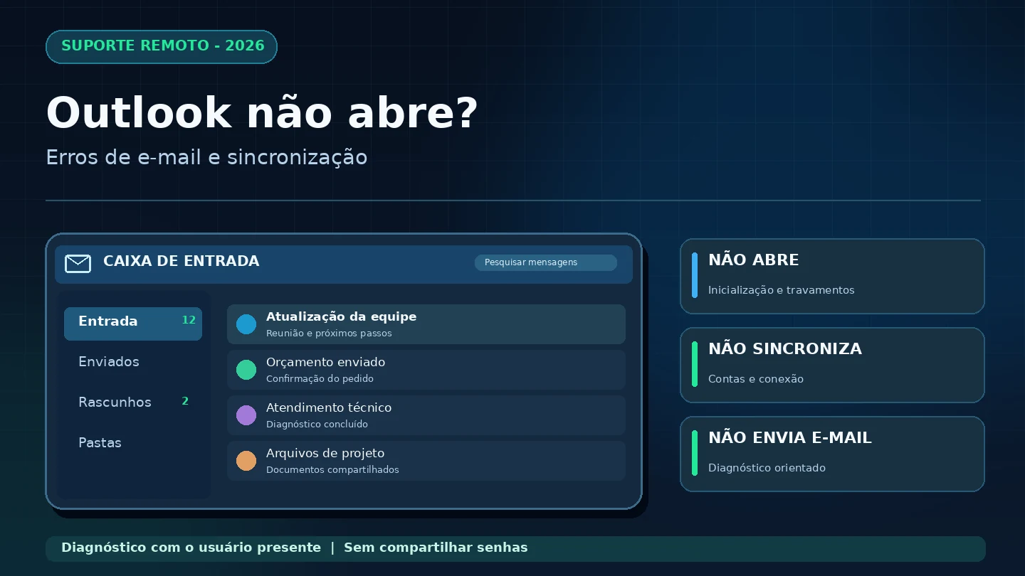 Ilustração editorial de programa de e-mail no Windows com problemas de abertura, sincronização e envio e suporte remoto