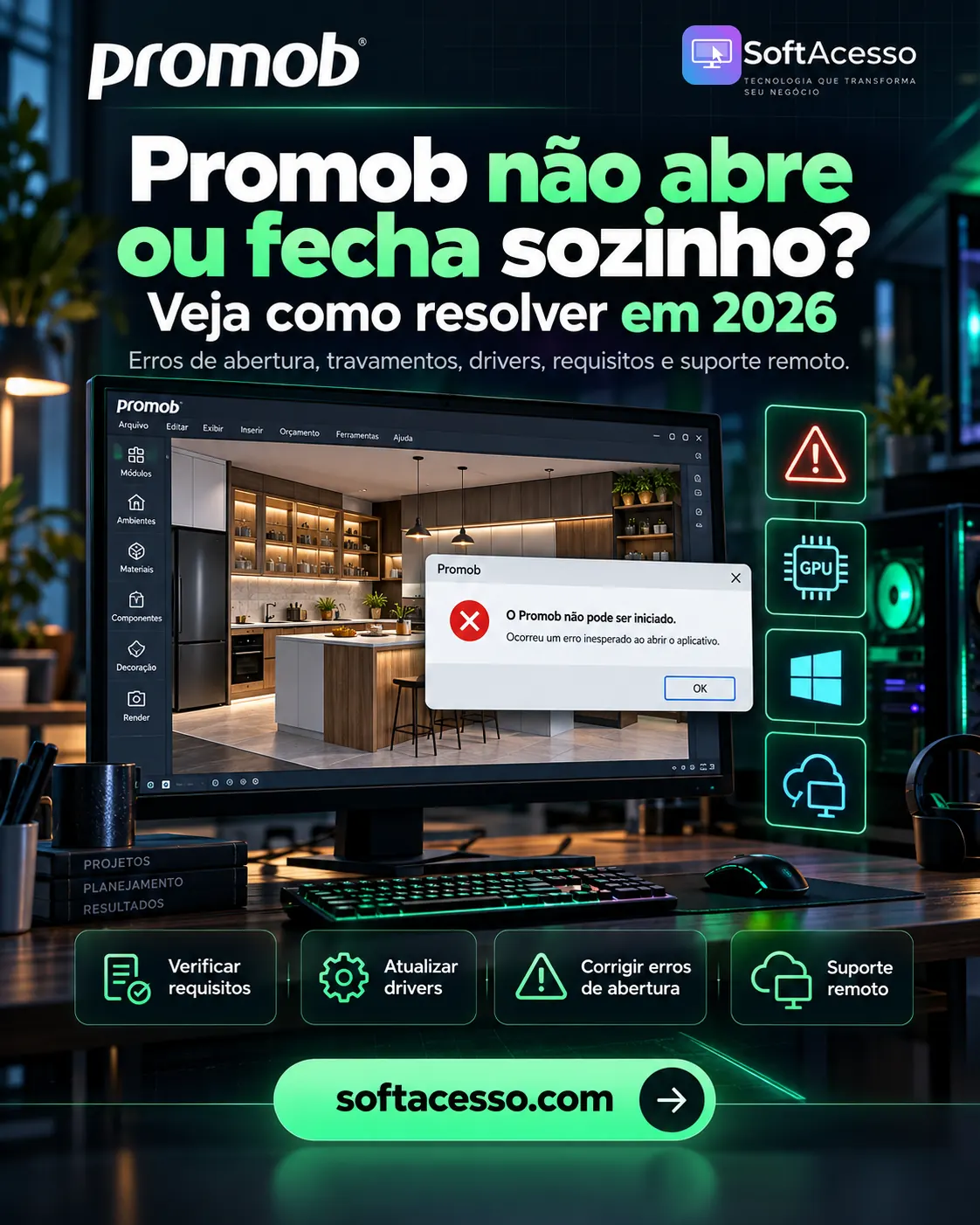 Promob não abre ou fecha sozinho? Infográfico de diagnóstico com erros de inicialização, drivers, memória e suporte remoto por SoftAcesso