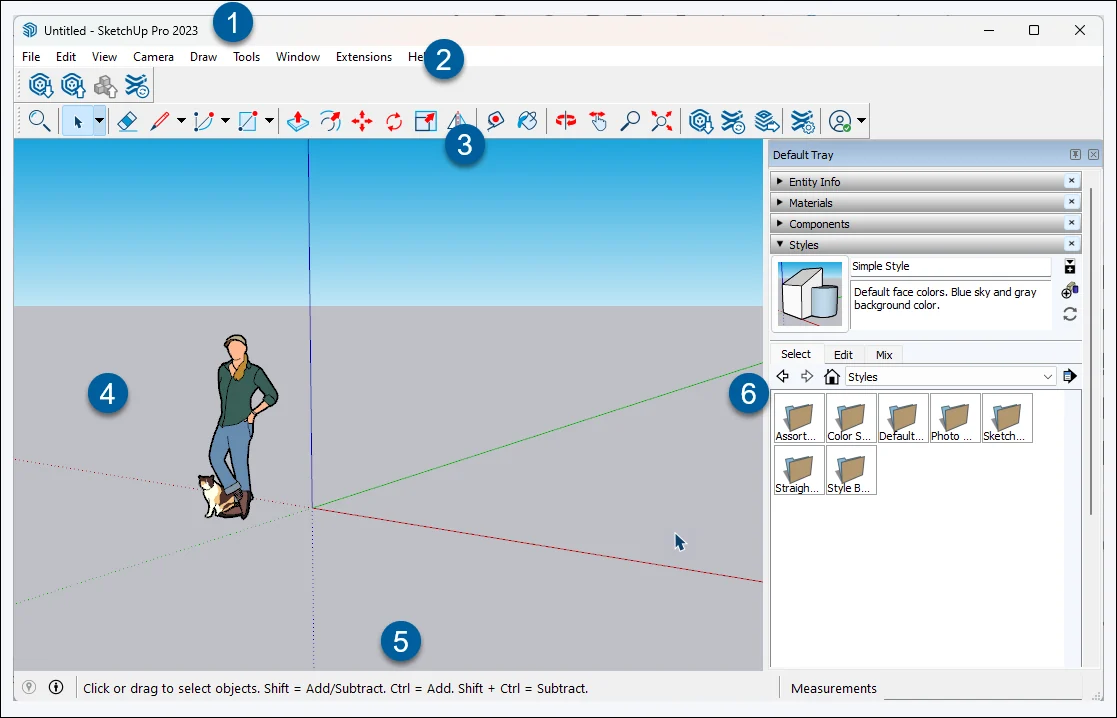 Captura da interface do SketchUp mostrando a área de modelagem 3D e suas ferramentas